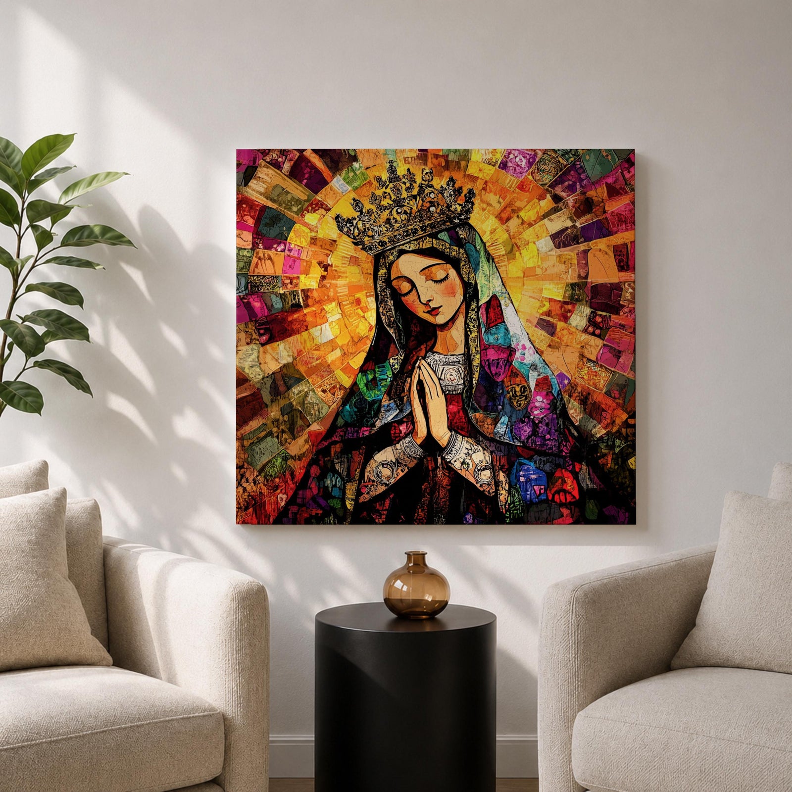 Virgin Mary Wall Art Queen of Heaven Framed Canvas Mosaic Catholic Sacred Home Decor