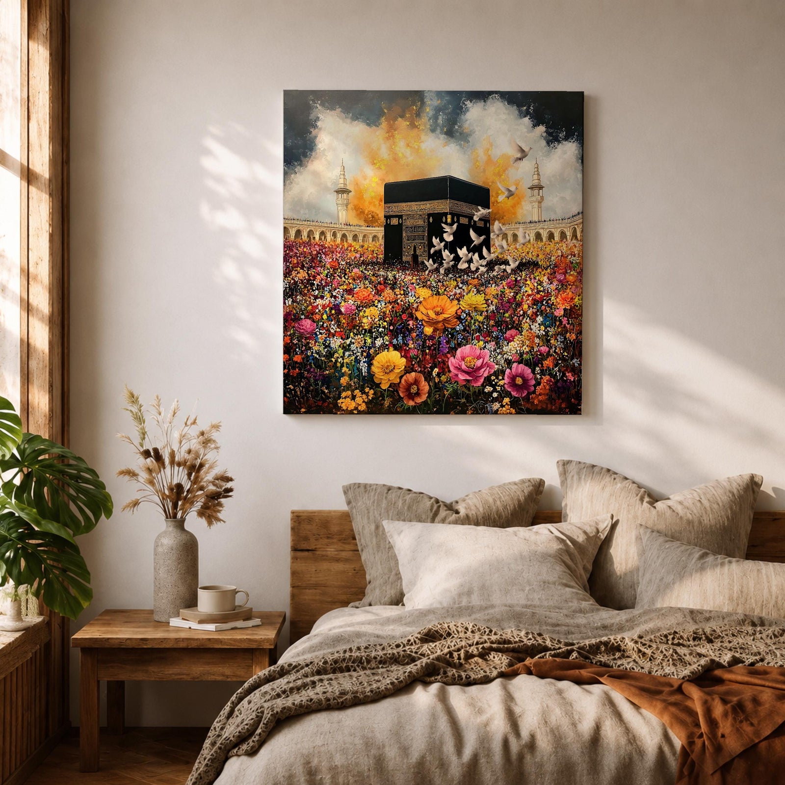 Kaaba Wall Art Floral Garden Framed Canvas Masjid al Haram Mecca Islamic Home Decor