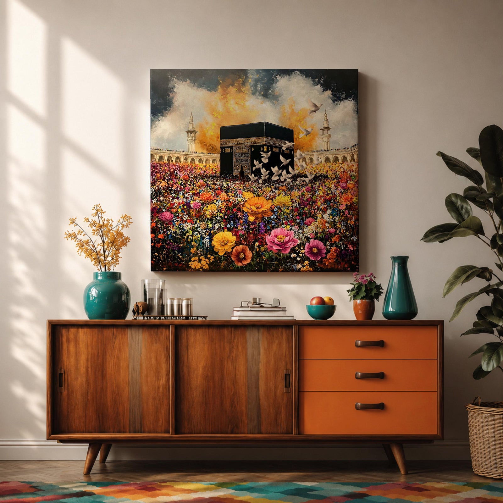 Kaaba Wall Art Floral Garden Framed Canvas Masjid al Haram Mecca Islamic Home Decor