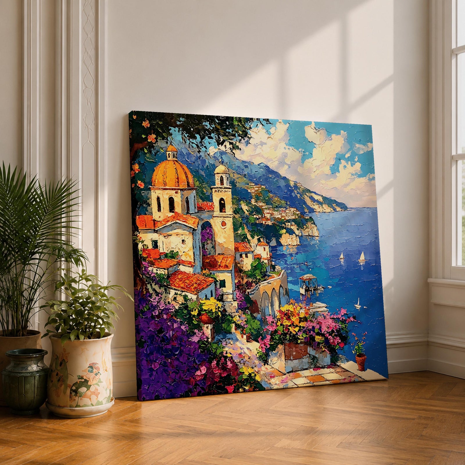 Amalfi Coast Wall Art Italian Riviera Framed Canvas Mediterranean Coastal Village Living Room Decor