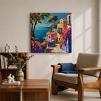 Mediterranean Seaside Wall Art Coastal Village View Framed Canvas Italian Riviera Living Room Decor