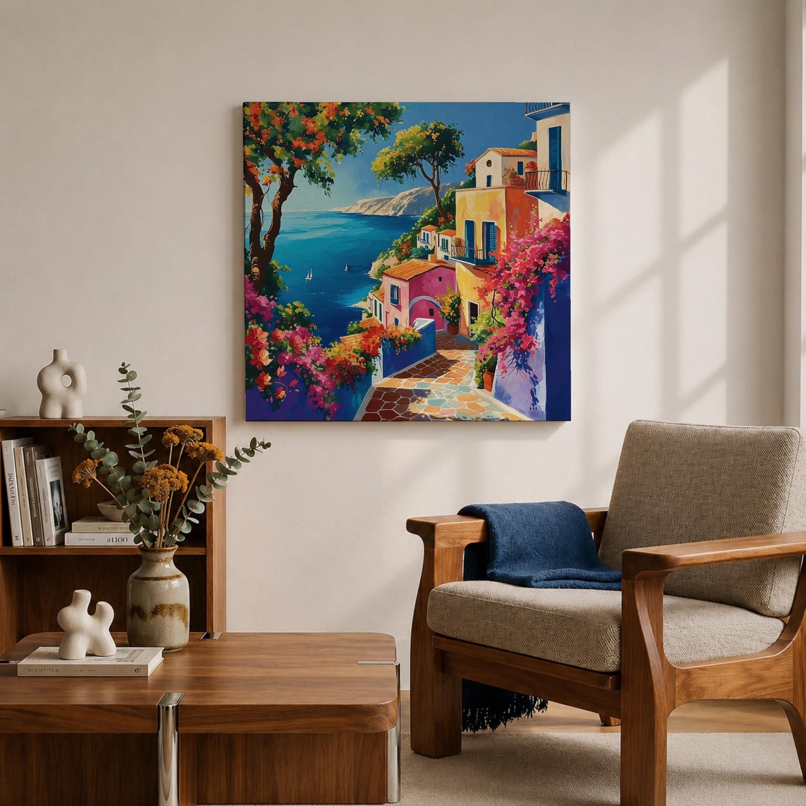 Mediterranean Seaside Wall Art Coastal Village View Framed Canvas Italian Riviera Living Room Decor