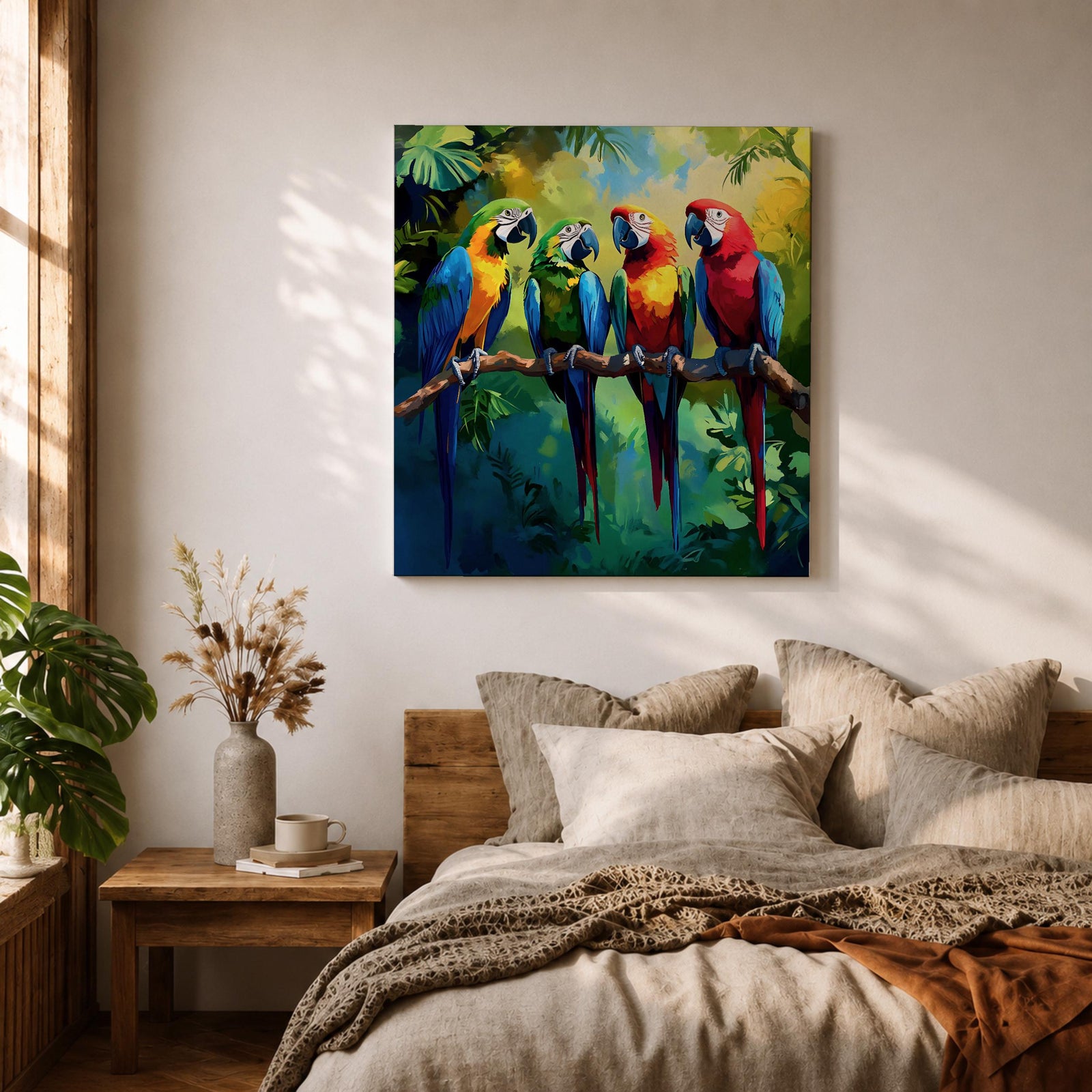 Parrot Wall Art Macaw Framed Canvas Tropical Bird Wildlife Exotic Boho Home Decor