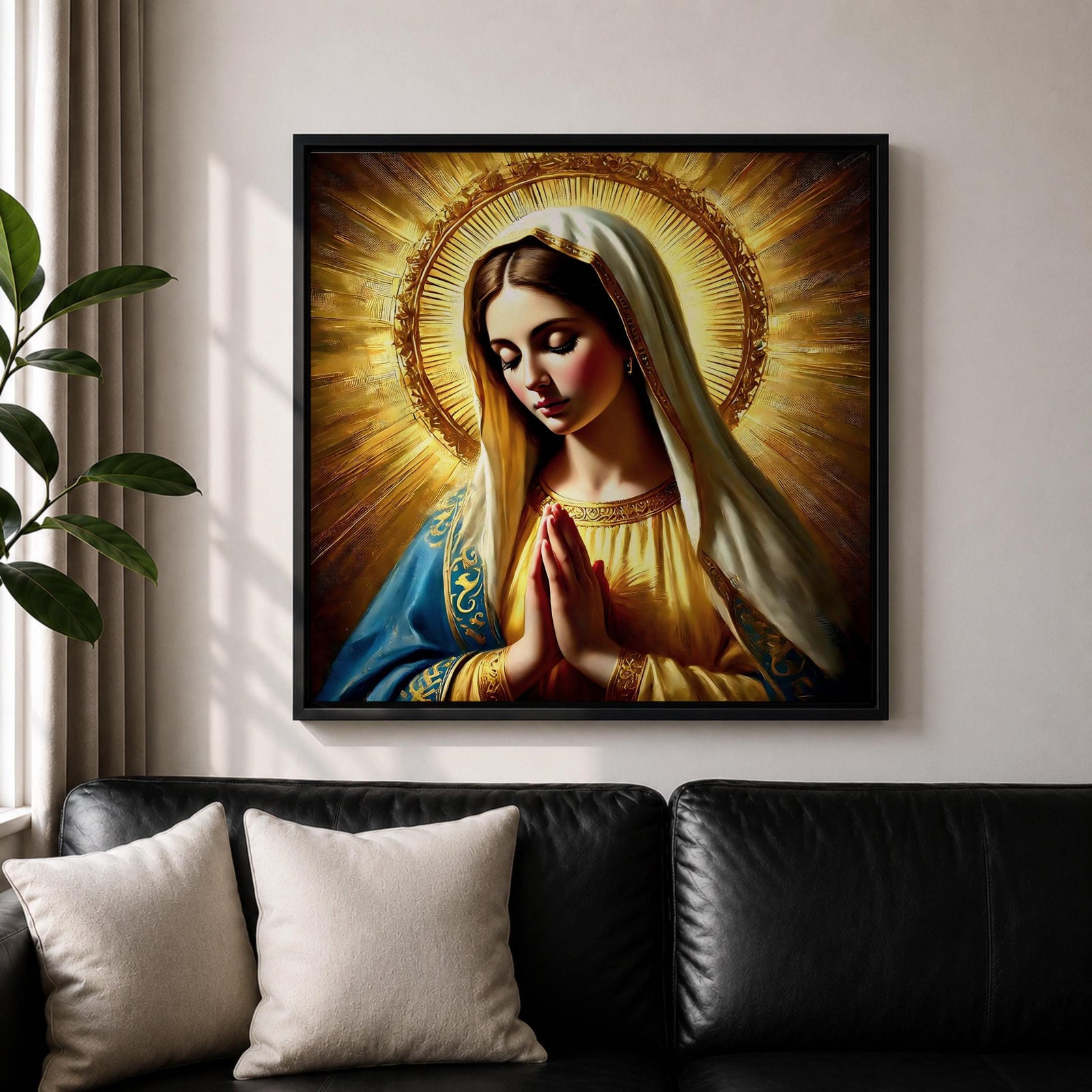 Blessed Virgin Mary Wall Art Madonna Framed Canvas Antique Catholic Sacred Home Decor