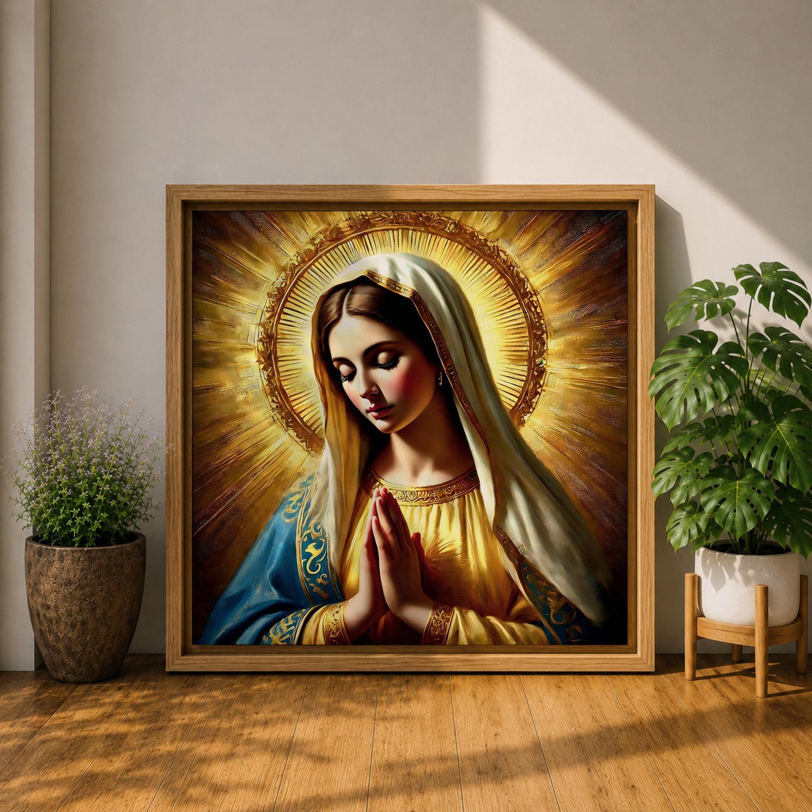 Blessed Virgin Mary Wall Art Madonna Framed Canvas Antique Catholic Sacred Home Decor
