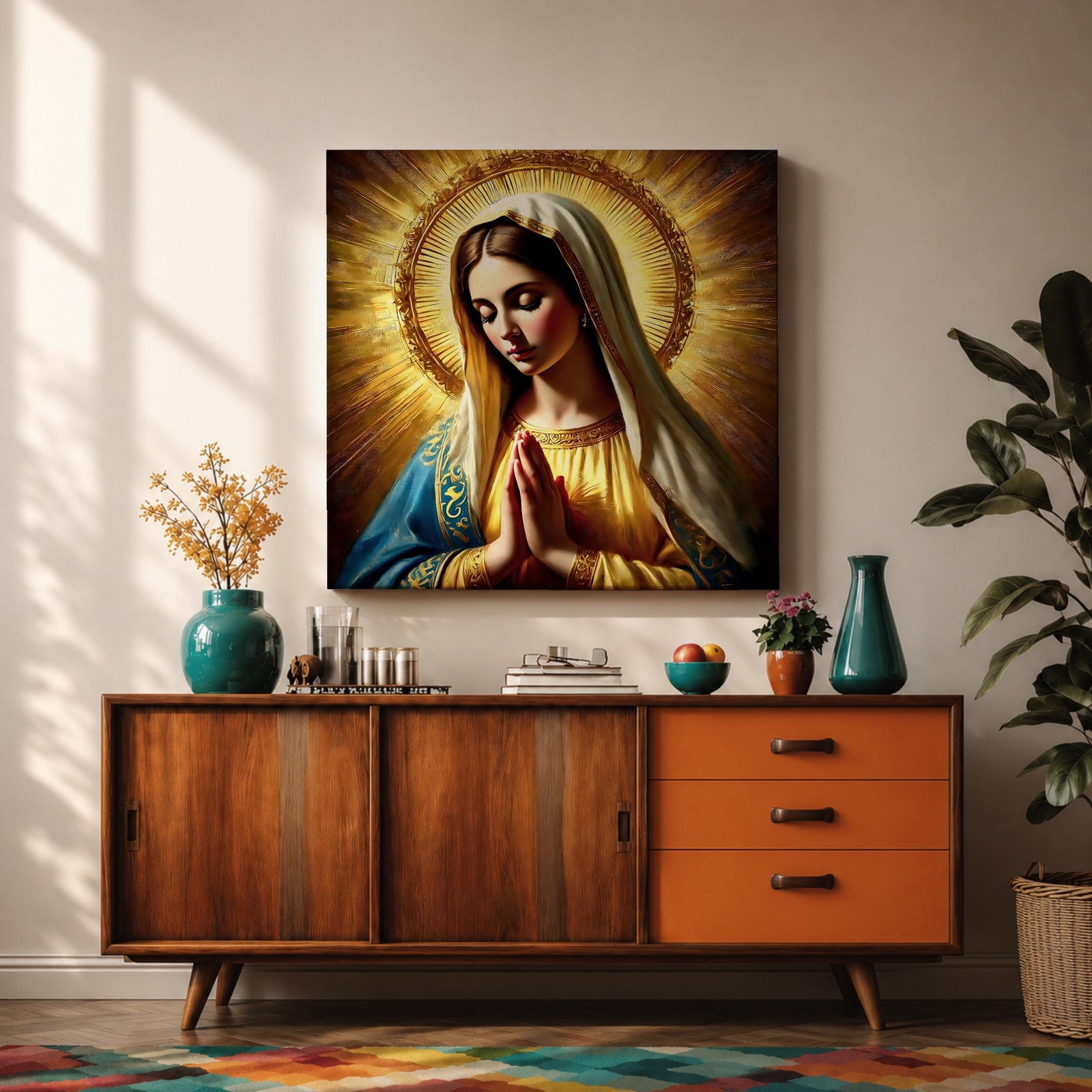 Blessed Virgin Mary Wall Art Madonna Framed Canvas Antique Catholic Sacred Home Decor
