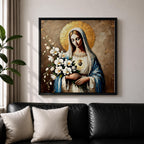 Virgin Mary Wall Art Queen of Heaven Framed Canvas Impasto Catholic Home Decor