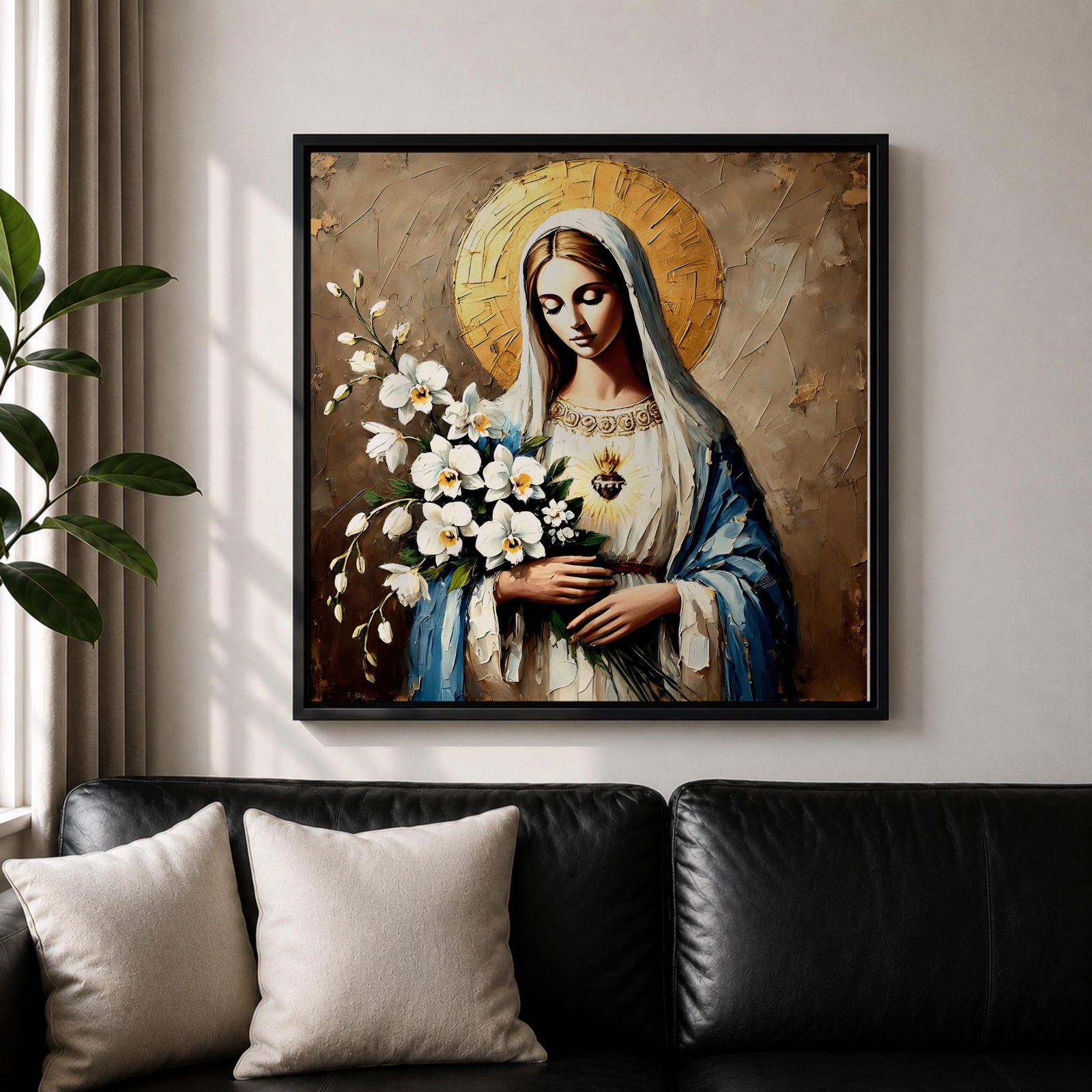 Virgin Mary Wall Art Queen of Heaven Framed Canvas Impasto Catholic Home Decor