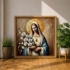 Virgin Mary Wall Art Queen of Heaven Framed Canvas Impasto Catholic Home Decor