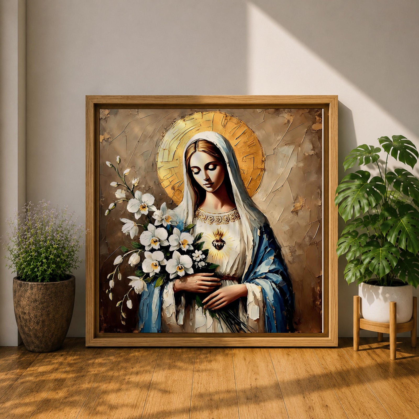 Virgin Mary Wall Art Queen of Heaven Framed Canvas Impasto Catholic Home Decor