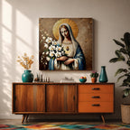 Virgin Mary Wall Art Queen of Heaven Framed Canvas Impasto Catholic Home Decor