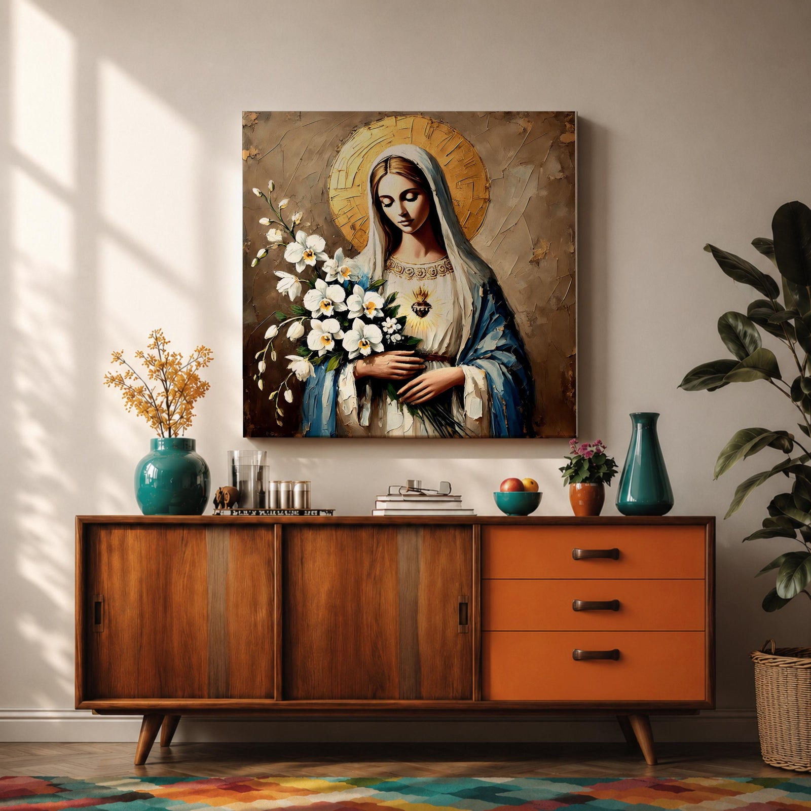 Virgin Mary Wall Art Queen of Heaven Framed Canvas Impasto Catholic Home Decor