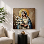 Virgin Mary Wall Art Queen of Heaven Framed Canvas Impasto Catholic Home Decor