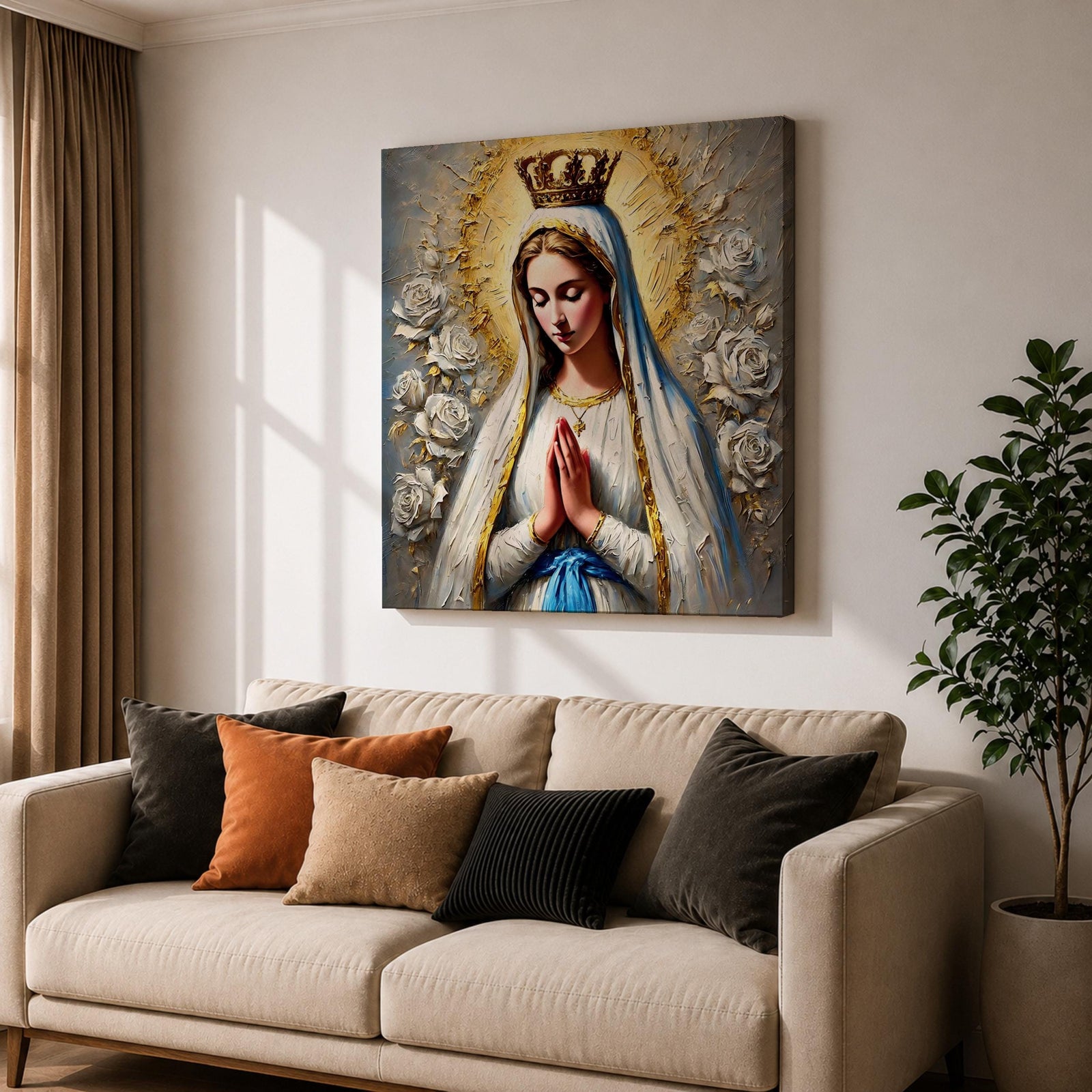 Our Lady of Fatima Wall Art Marian Apparition Framed Canvas Catholic Impasto Home Decor