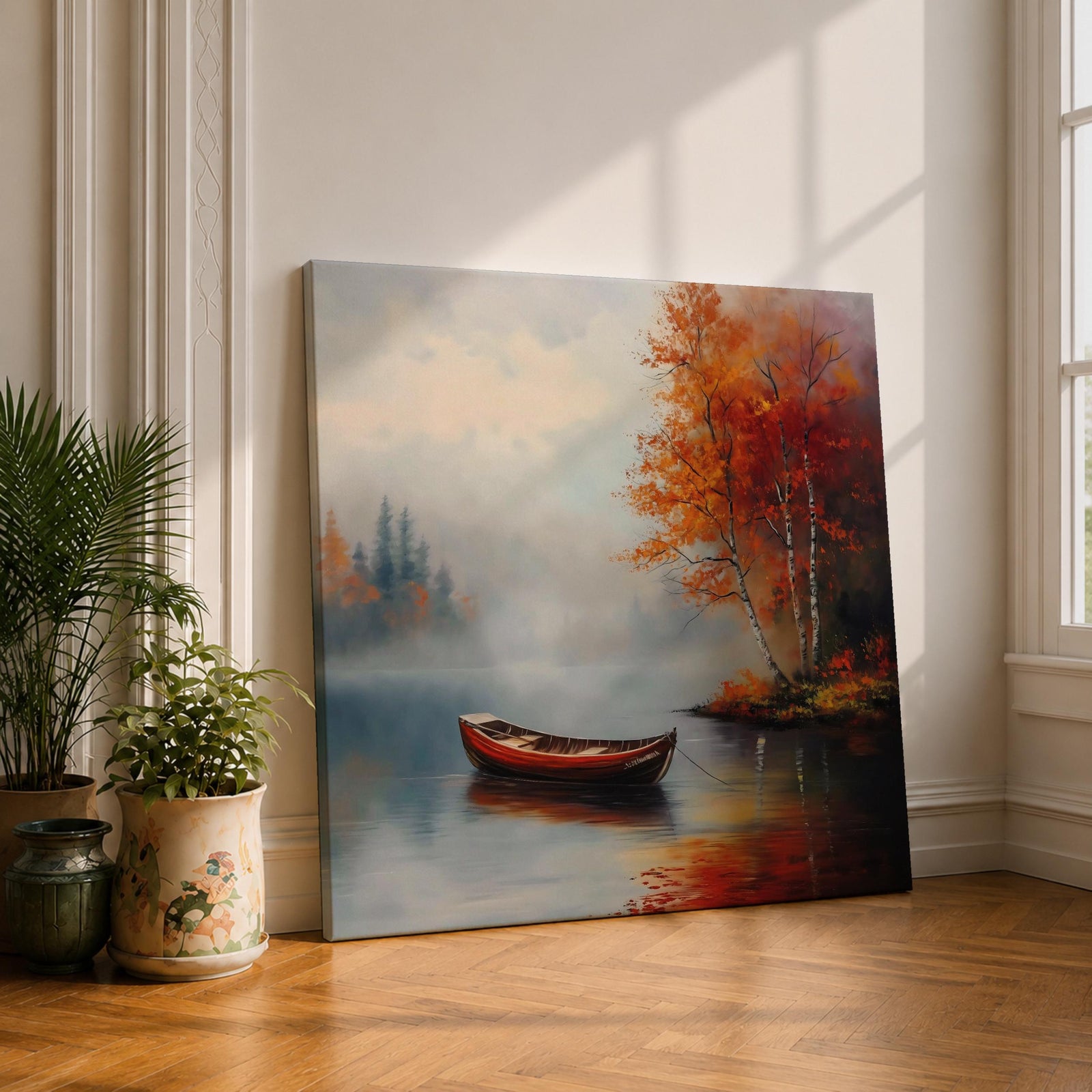 Rowboat Nature Wall Art Autumn Lake Forest Shore Landscape Gift Living Room Home Decor