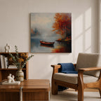 Rowboat Nature Wall Art Autumn Lake Forest Shore Landscape Gift Living Room Home Decor