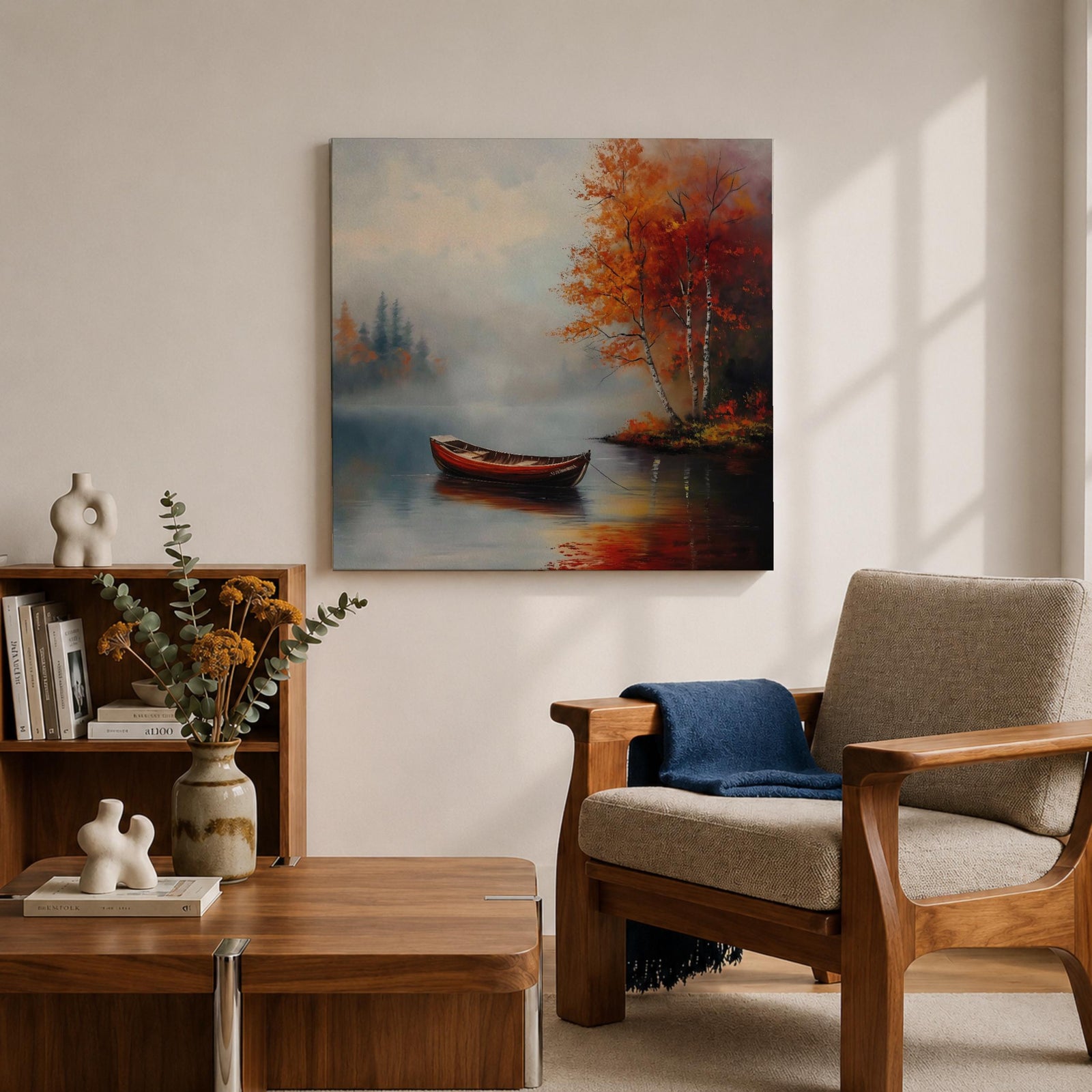 Rowboat Nature Wall Art Autumn Lake Forest Shore Landscape Gift Living Room Home Decor