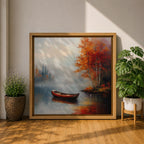 Rowboat Nature Wall Art Autumn Lake Forest Shore Landscape Gift Living Room Home Decor
