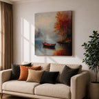 Rowboat Nature Wall Art Autumn Lake Forest Shore Landscape Gift Living Room Home Decor