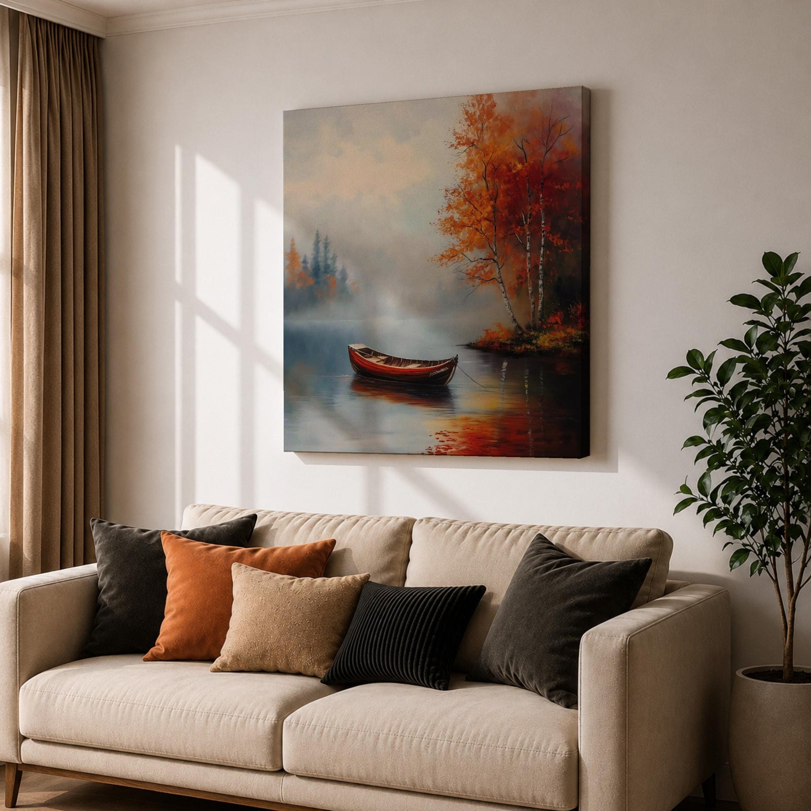 Rowboat Nature Wall Art Autumn Lake Forest Shore Landscape Gift Living Room Home Decor