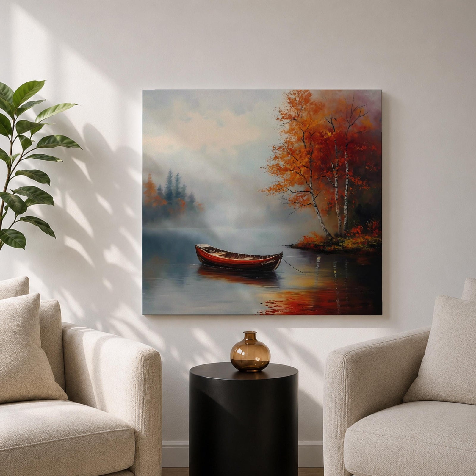 Rowboat Nature Wall Art Autumn Lake Forest Shore Landscape Gift Living Room Home Decor