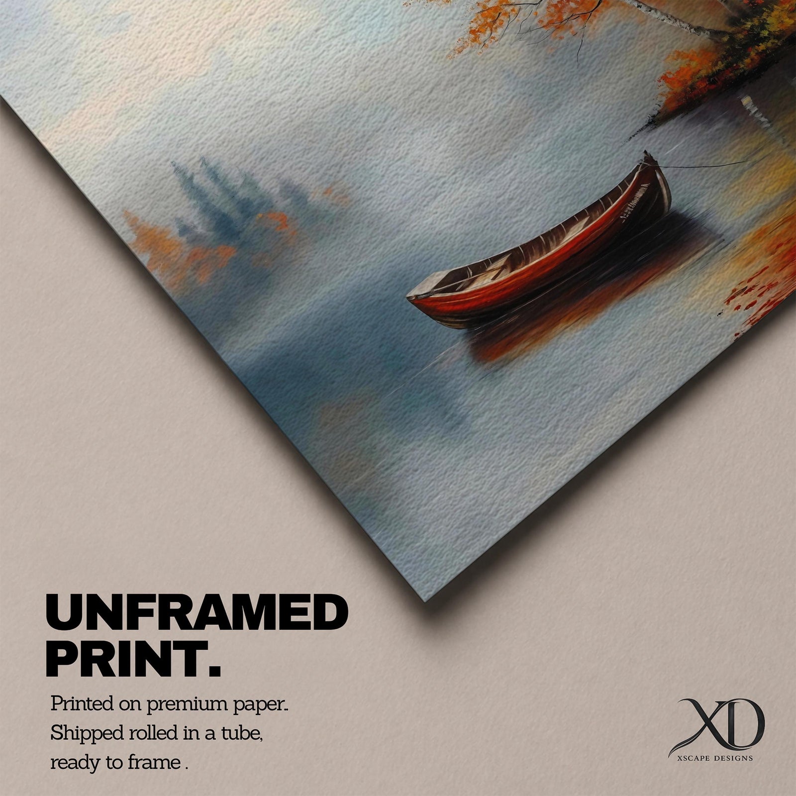 Rowboat Nature Wall Art Autumn Lake Forest Shore Landscape Gift Living Room Home Decor