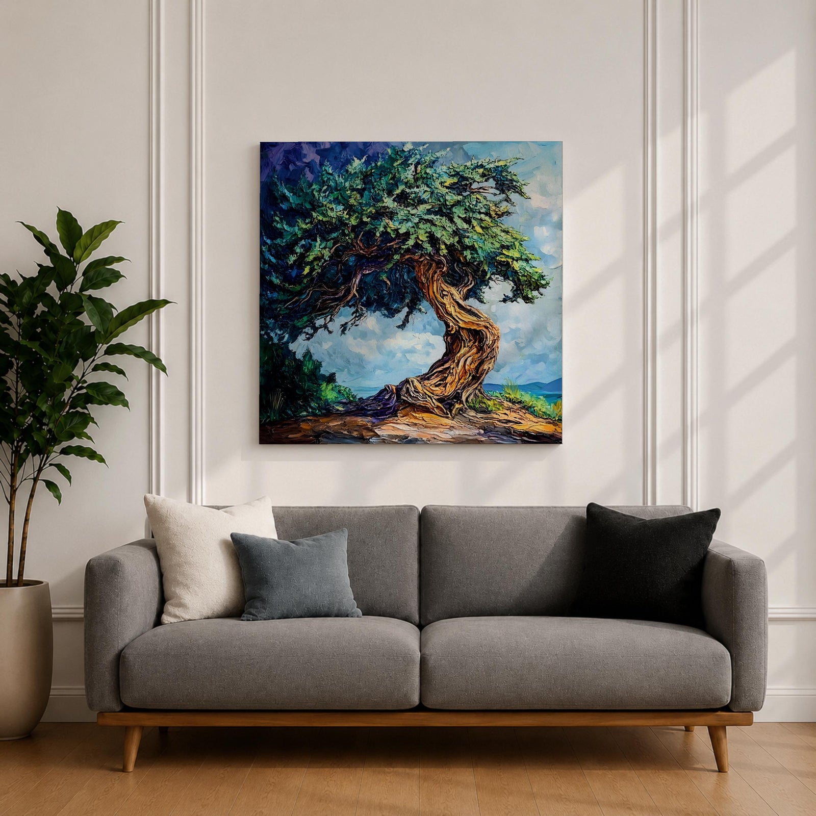 Tree of Life Wall Art Yggdrasil Framed Canvas Nature Symbol Impasto Rustic Home Decor
