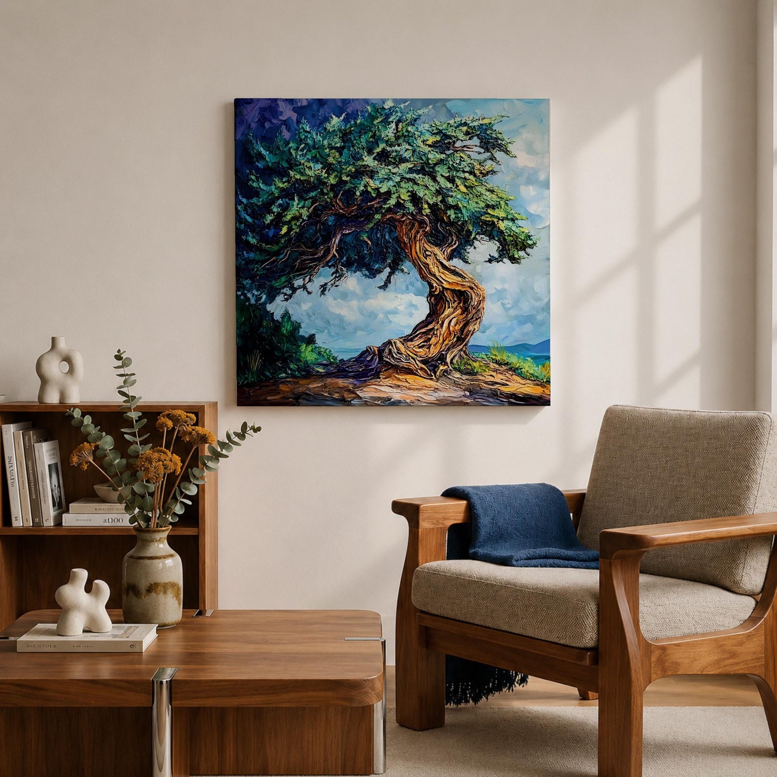 Tree of Life Wall Art Yggdrasil Framed Canvas Nature Symbol Impasto Rustic Home Decor