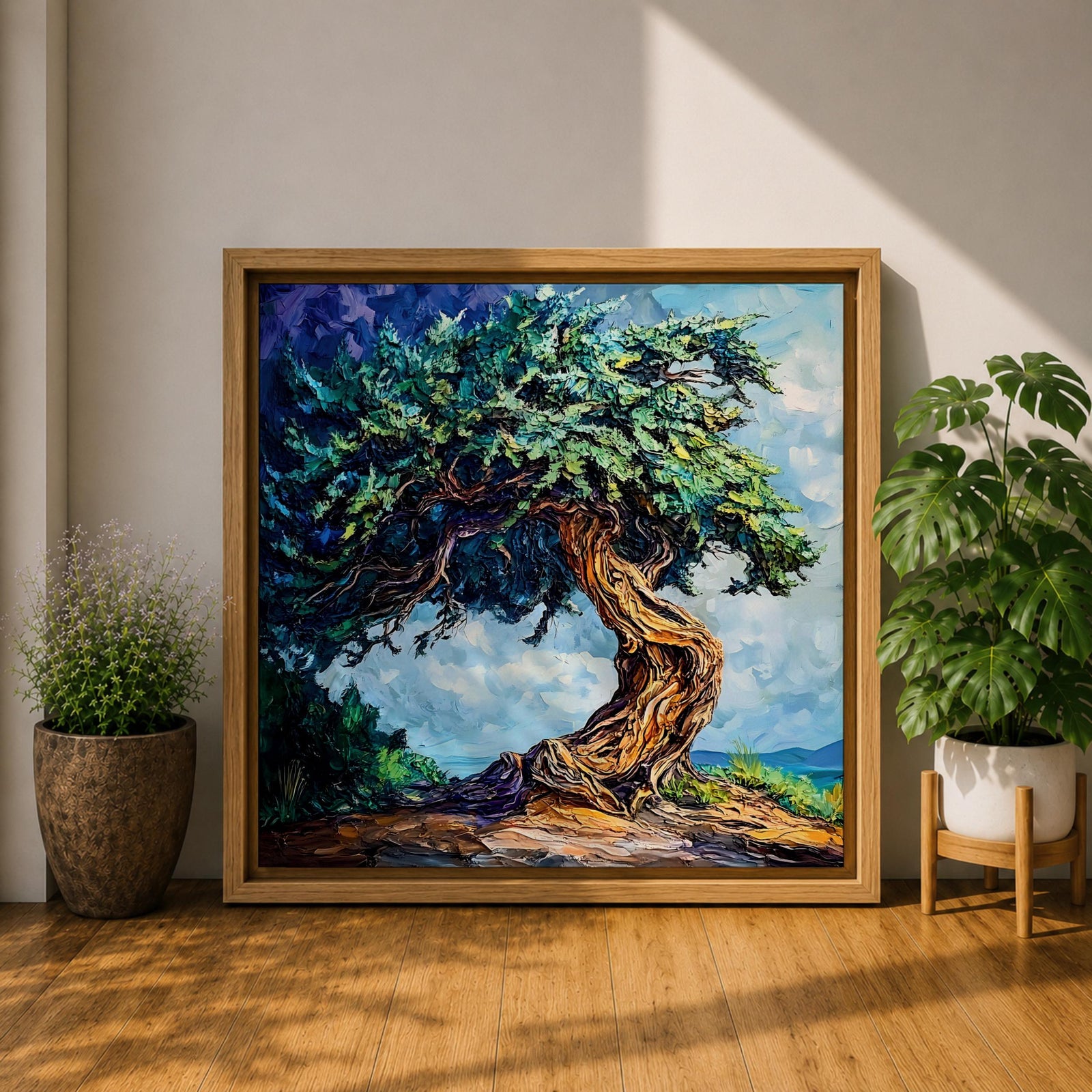 Tree of Life Wall Art Yggdrasil Framed Canvas Nature Symbol Impasto Rustic Home Decor