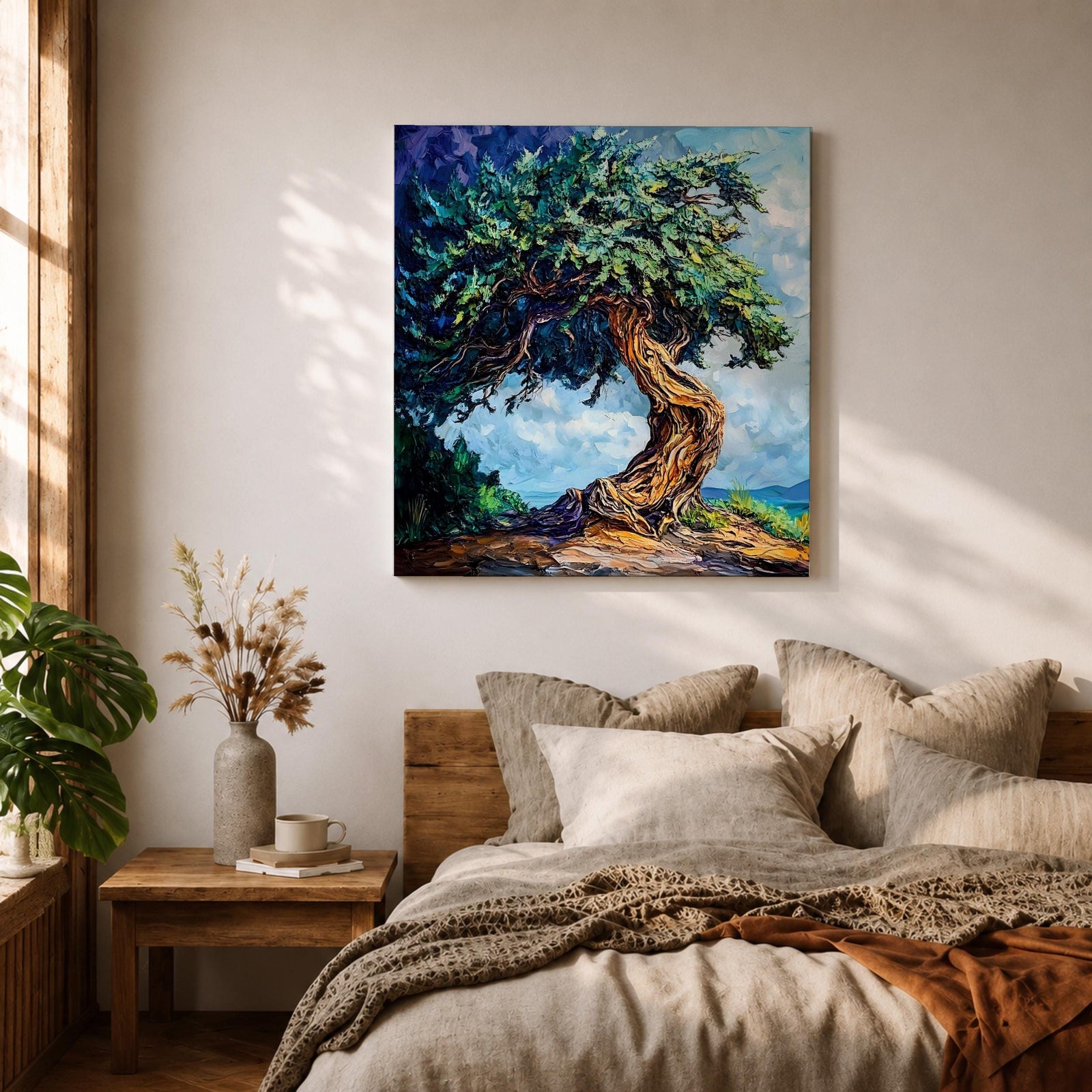 Tree of Life Wall Art Yggdrasil Framed Canvas Nature Symbol Impasto Rustic Home Decor