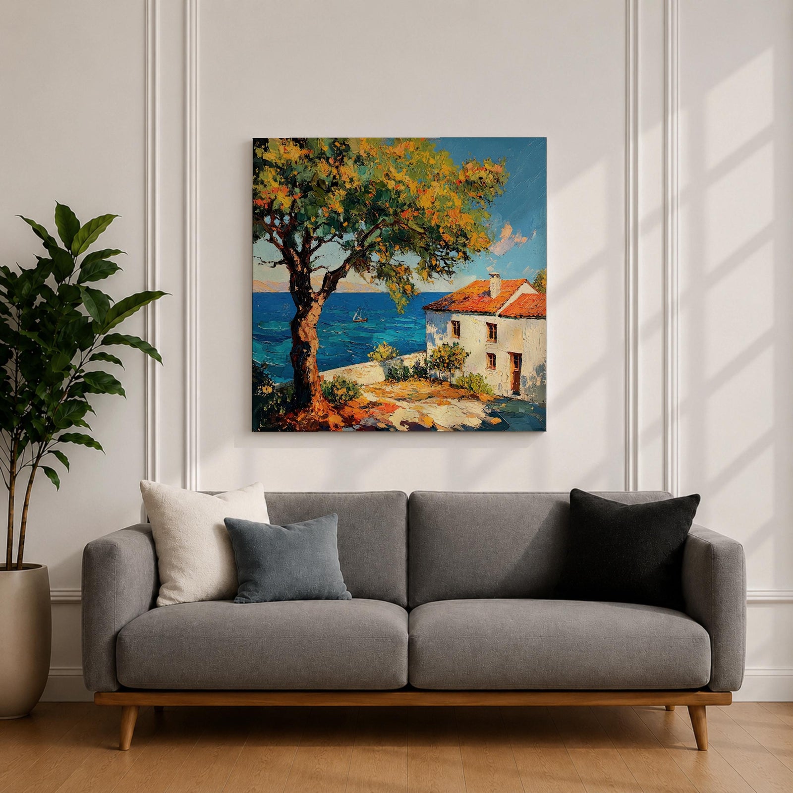 Mediterranean Seaside Wall Art Italian Coastal View Framed Canvas Ocean Landscape Living Room Decor