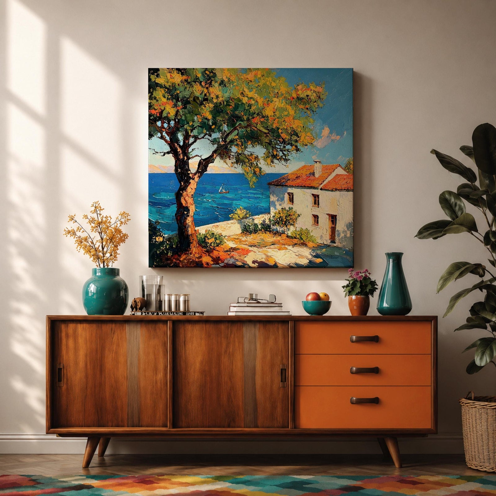 Mediterranean Seaside Wall Art Italian Coastal View Framed Canvas Ocean Landscape Living Room Decor