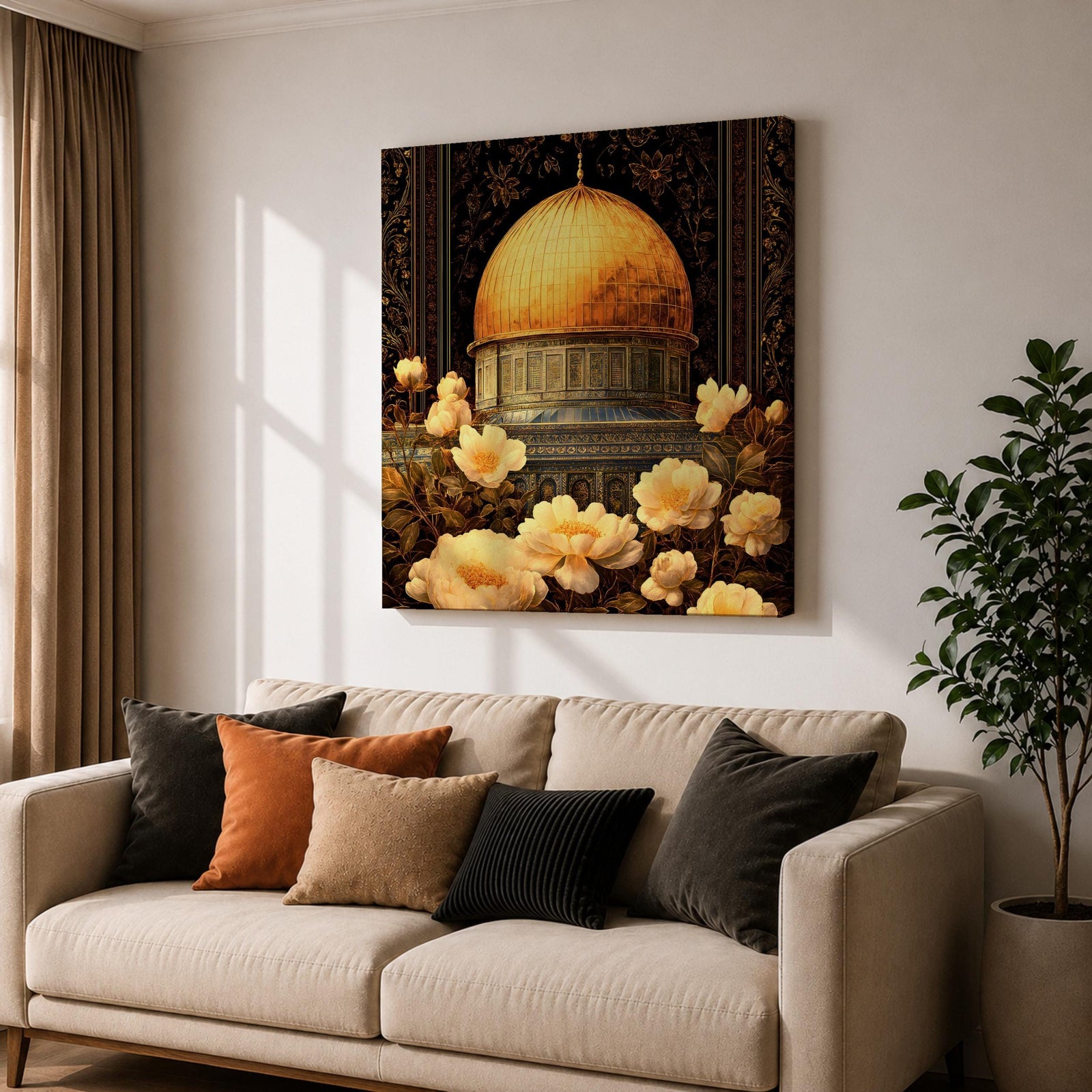 Dome of the Rock Wall Art Floral Framed Canvas Qubbat Sakhra Jerusalem Islamic Decor