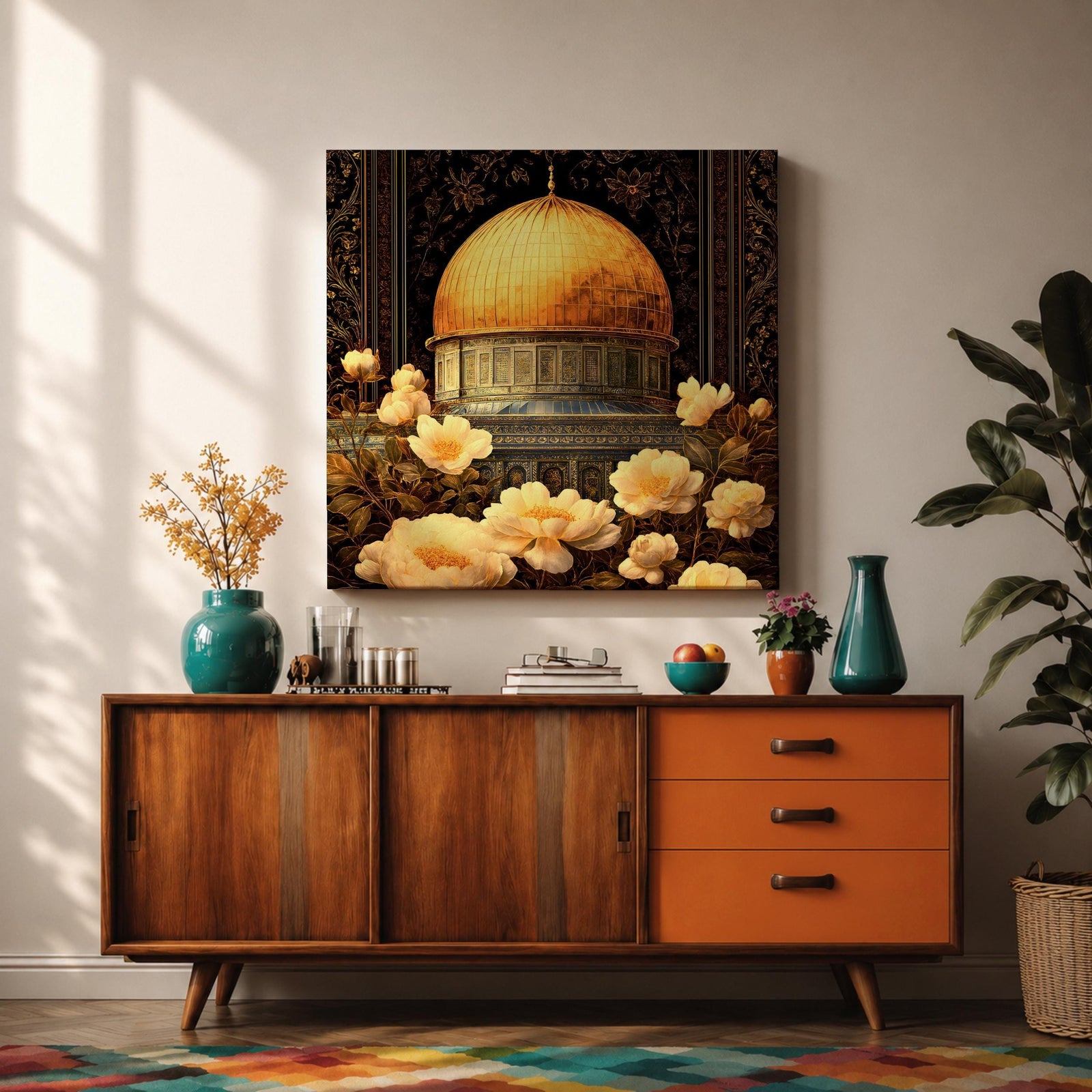 Dome of the Rock Wall Art Floral Framed Canvas Qubbat Sakhra Jerusalem Islamic Decor