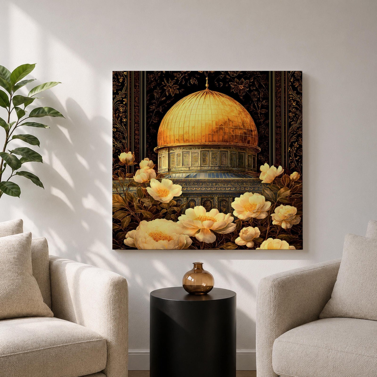 Dome of the Rock Wall Art Floral Framed Canvas Qubbat Sakhra Jerusalem Islamic Decor