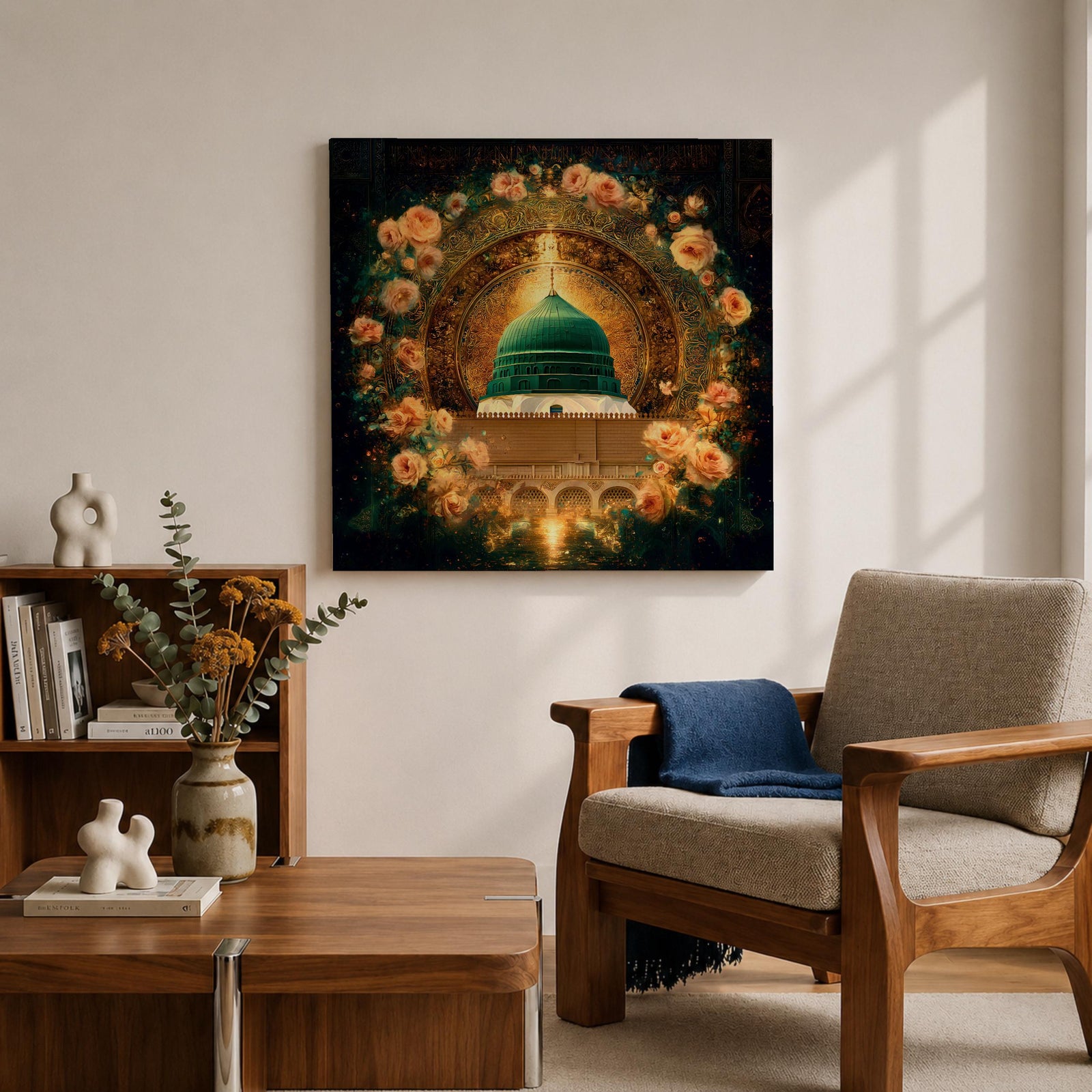 Green Dome Wall Art Floral Garden Framed Canvas Masjid Nabawi Medina Islamic Home Decor