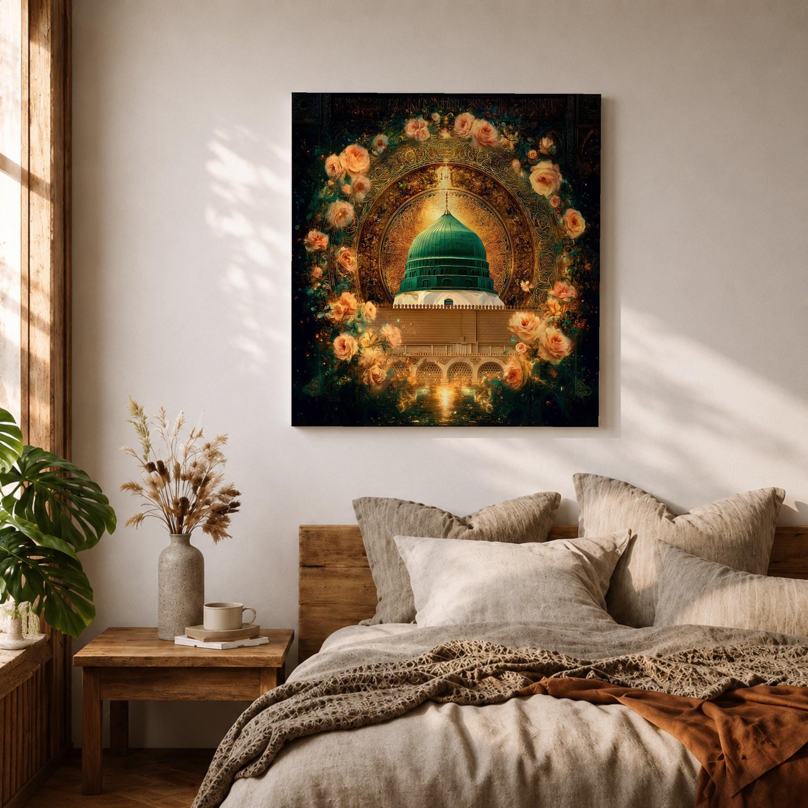 Green Dome Wall Art Floral Garden Framed Canvas Masjid Nabawi Medina Islamic Home Decor