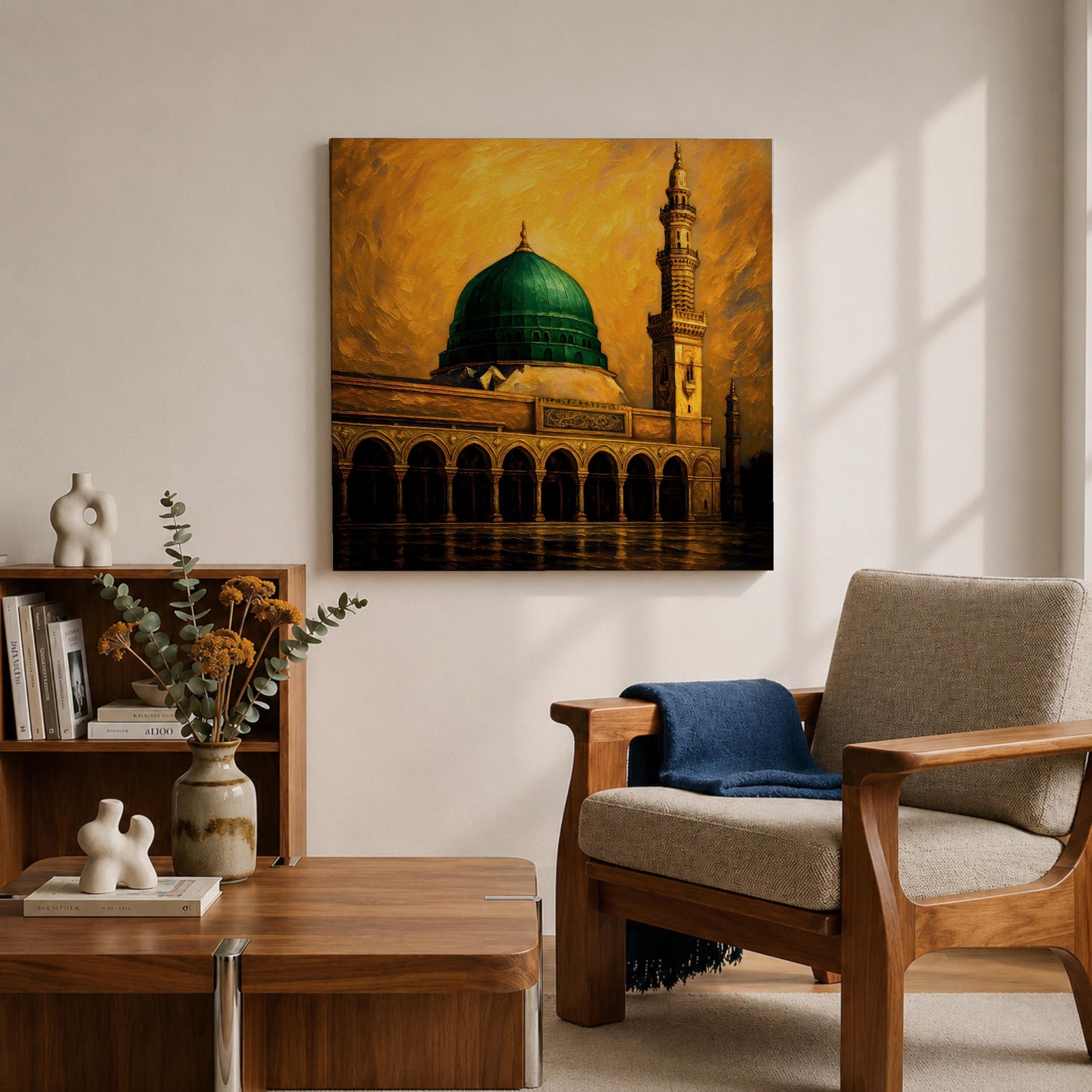 Green Dome Wall Art Prophet Mosque Framed Canvas Masjid Nabawi Medina Islamic Home Decor