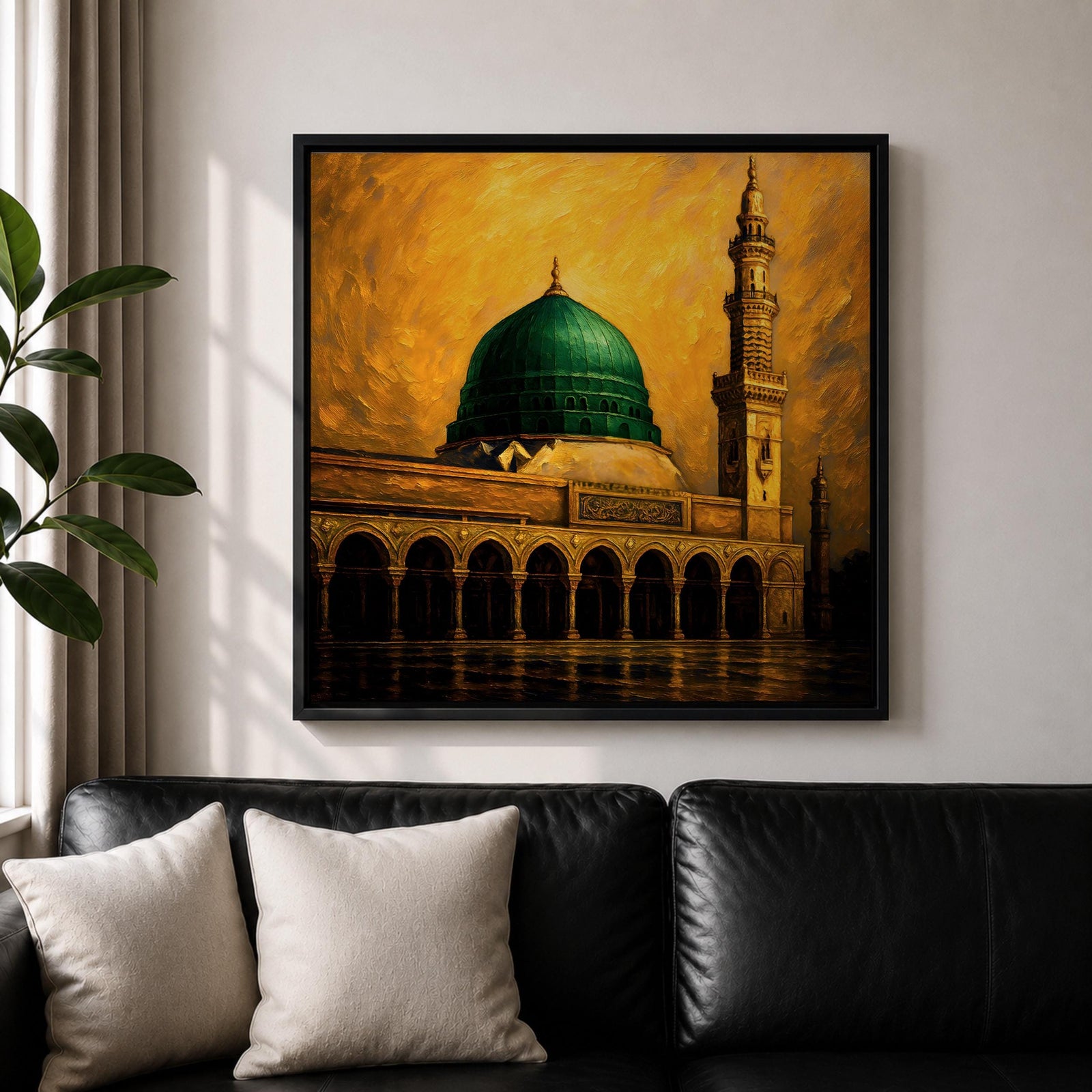 Green Dome Wall Art Prophet Mosque Framed Canvas Masjid Nabawi Medina Islamic Home Decor