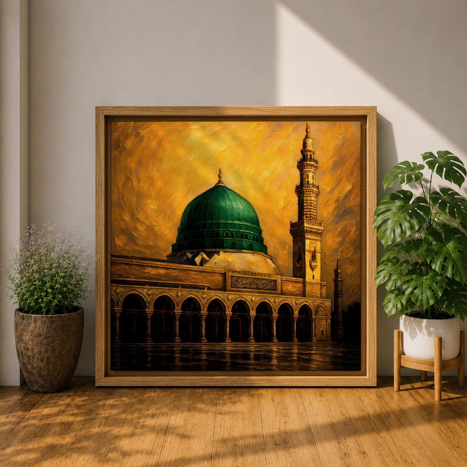 Green Dome Wall Art Prophet Mosque Framed Canvas Masjid Nabawi Medina Islamic Home Decor