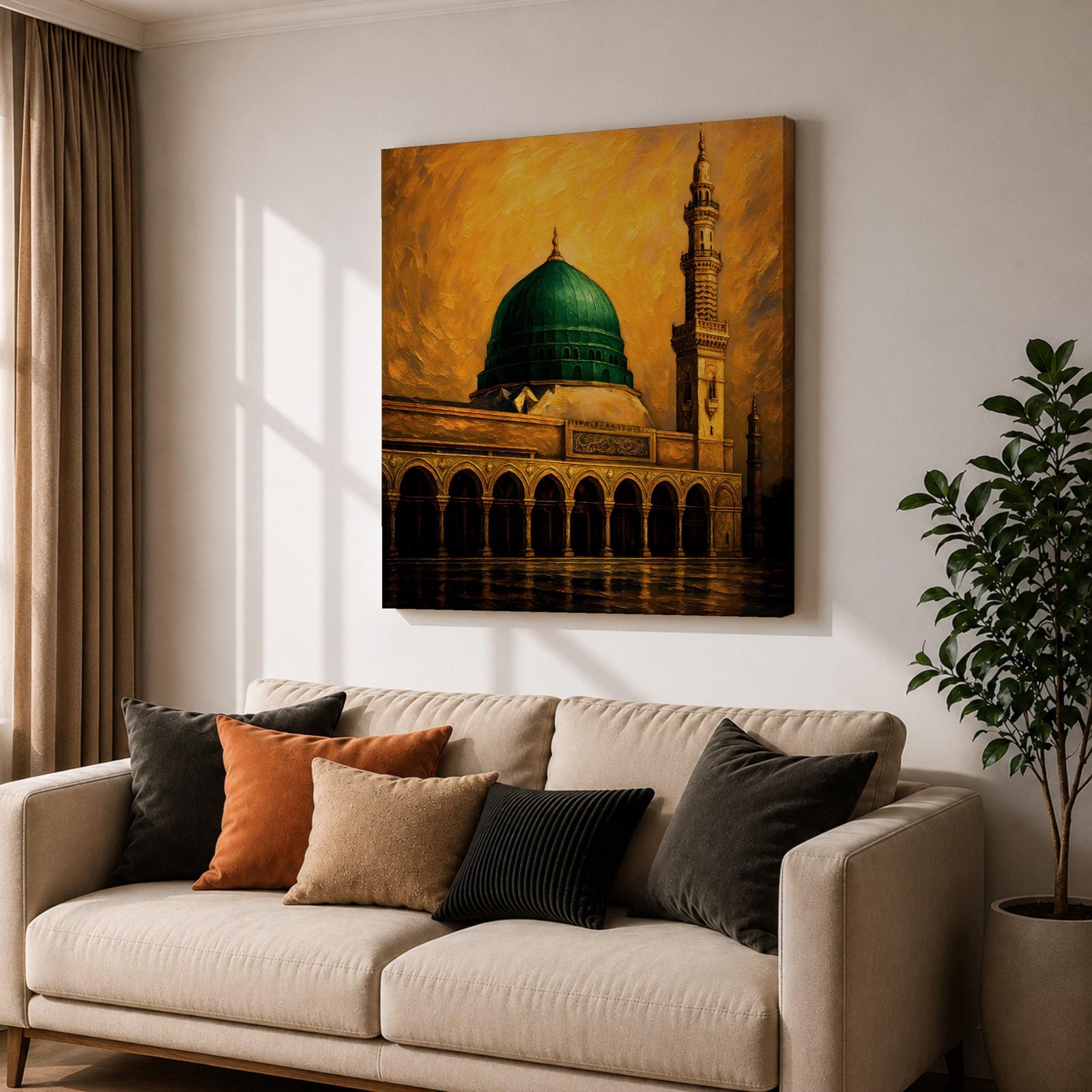 Green Dome Wall Art Prophet Mosque Framed Canvas Masjid Nabawi Medina Islamic Home Decor