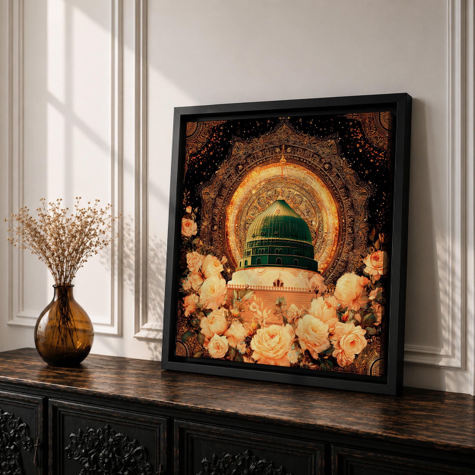 Green Dome Wall Art Golden Floral Framed Canvas Masjid Nabawi Medina Islamic Home Decor