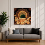 Green Dome Wall Art Golden Floral Framed Canvas Masjid Nabawi Medina Islamic Home Decor