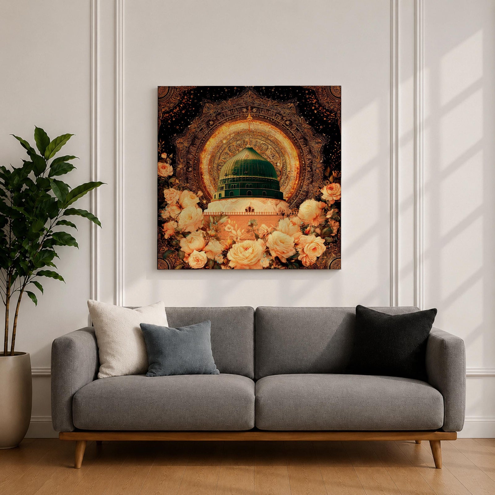 Green Dome Wall Art Golden Floral Framed Canvas Masjid Nabawi Medina Islamic Home Decor