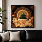 Green Dome Wall Art Golden Floral Framed Canvas Masjid Nabawi Medina Islamic Home Decor