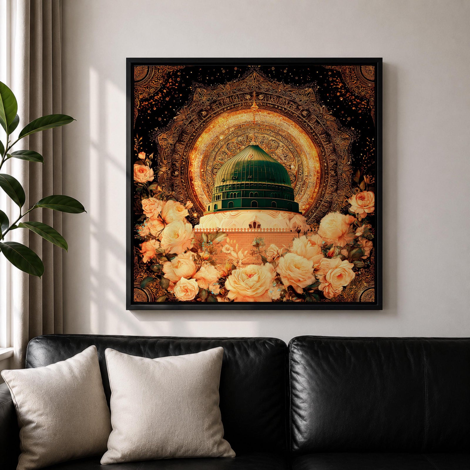 Green Dome Wall Art Golden Floral Framed Canvas Masjid Nabawi Medina Islamic Home Decor