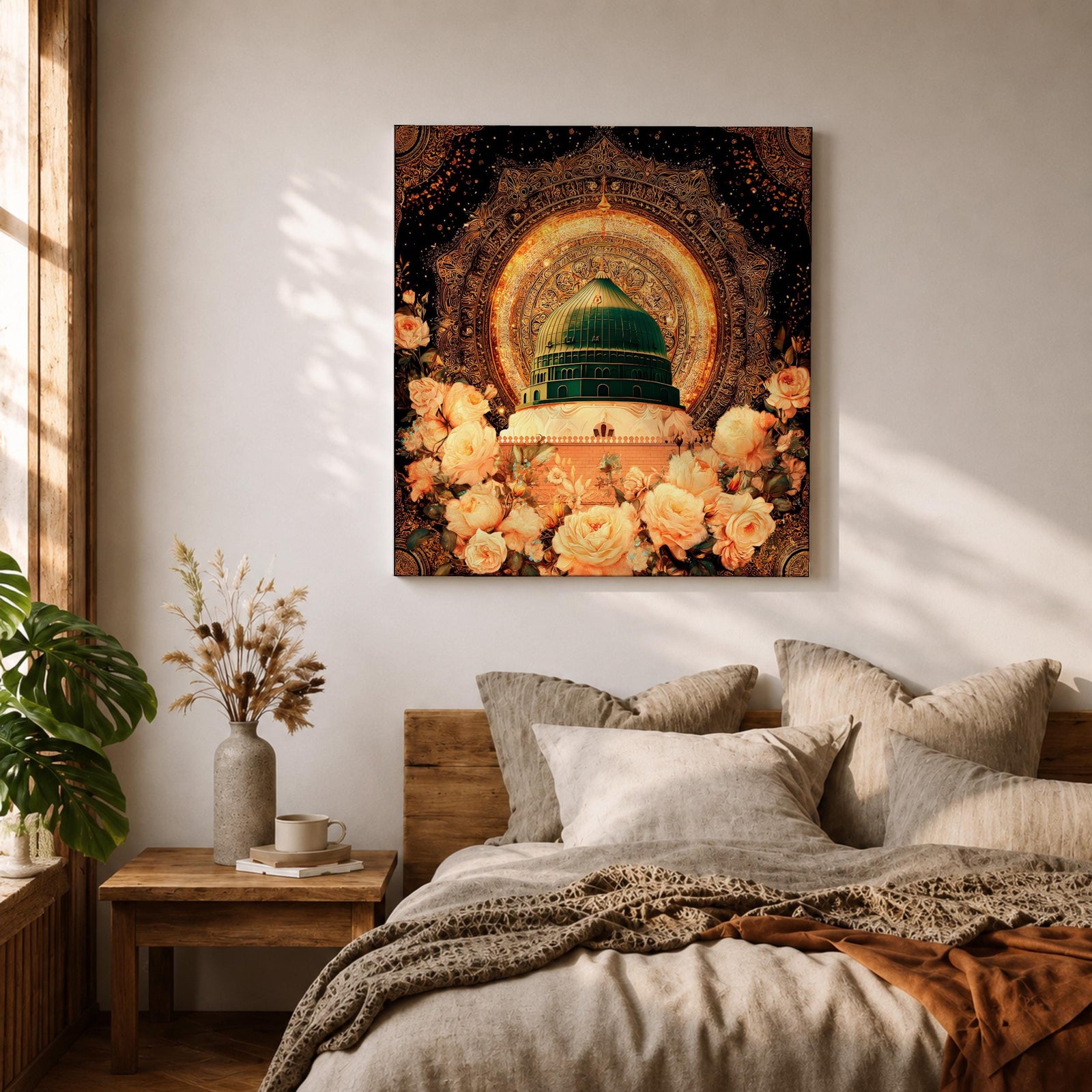 Green Dome Wall Art Golden Floral Framed Canvas Masjid Nabawi Medina Islamic Home Decor