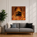 Kaaba Wall Art Golden Floral Framed Canvas Masjid al Haram Mecca Islamic Home Decor