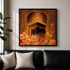 Kaaba Wall Art Golden Floral Framed Canvas Masjid al Haram Mecca Islamic Home Decor