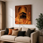 Kaaba Wall Art Golden Floral Framed Canvas Masjid al Haram Mecca Islamic Home Decor